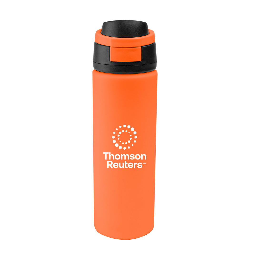 An orange insulated water bottle with a black and orange lid, featuring the white Thomson Reuters logo printed on the front, set against a plain white background.