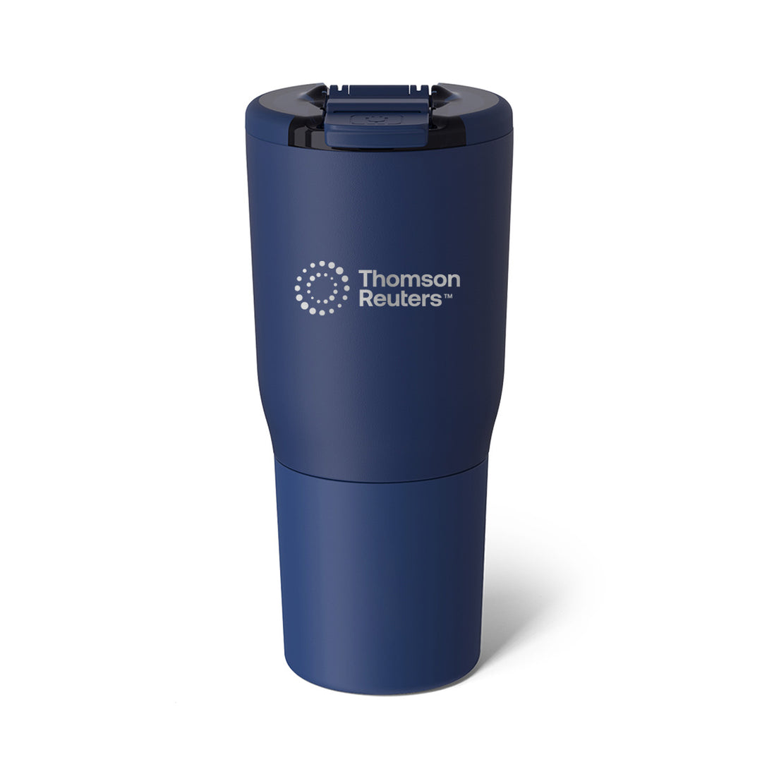 A dark blue insulated travel tumbler with a matching lid, featuring the white Thomson Reuters logo printed on the front, set against a plain white background.