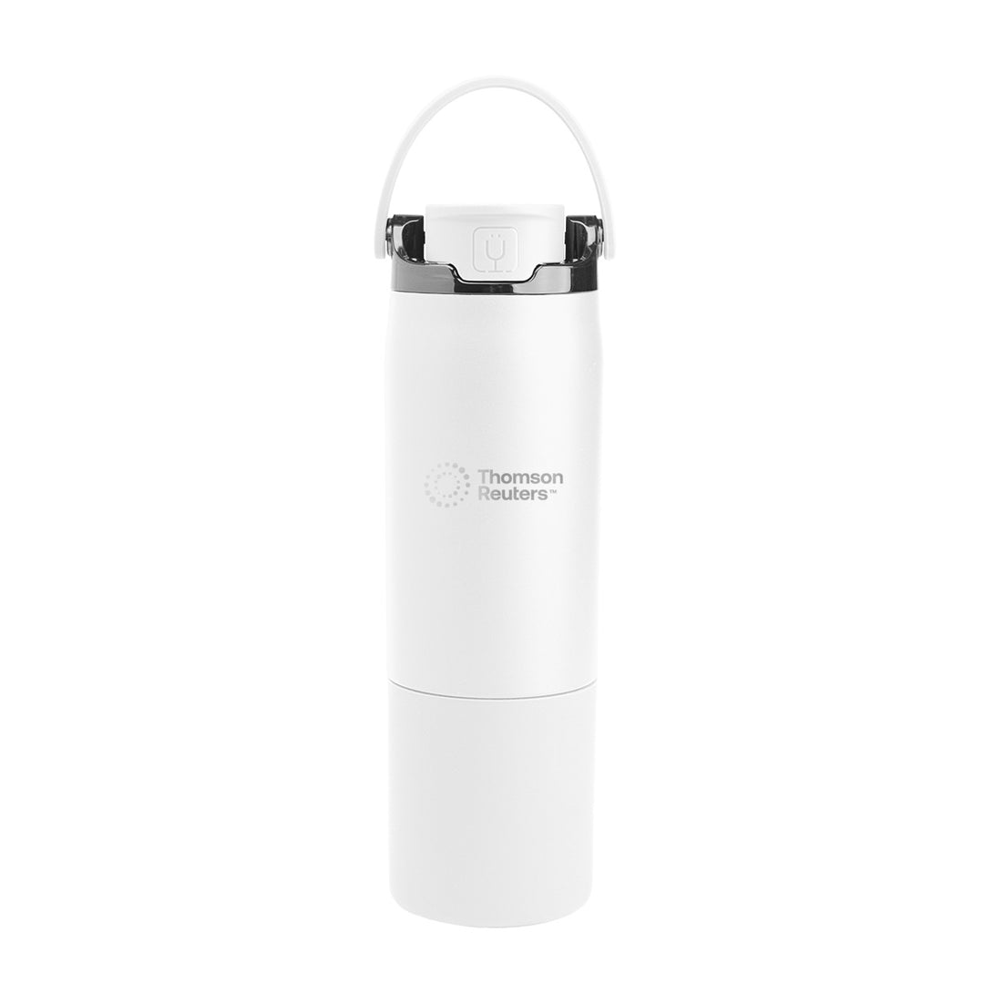 A white 25 oz insulated water bottle with a black lid and white carry handle, featuring the Thomson Reuters logo printed in gray on the front, set against a plain white background.