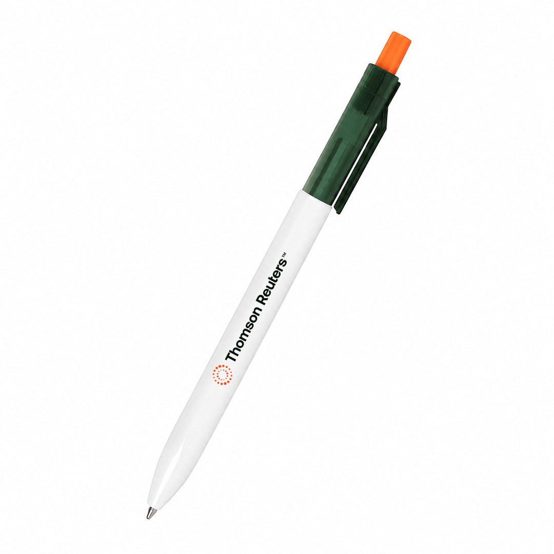A white retractable pen with a dark green cap, an orange end cap, and 'Thomson Reuters' printed in black on the barrel, shown on a plain white background.