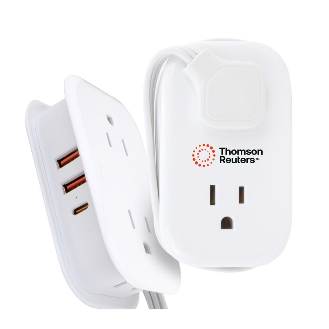 A white Thomson Reuters power strip adapter with a USB-C port on one side and a standard outlet on the other, shown against a plain white background.