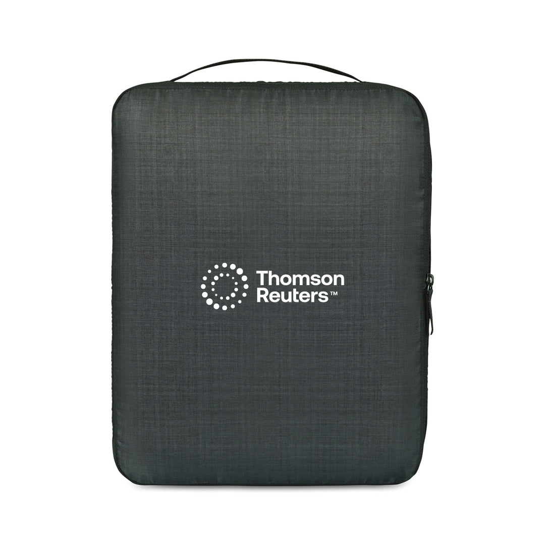 A dark gray textured packing cube with a top carry handle and a white Thomson Reuters logo printed on the front, set against a plain white background.