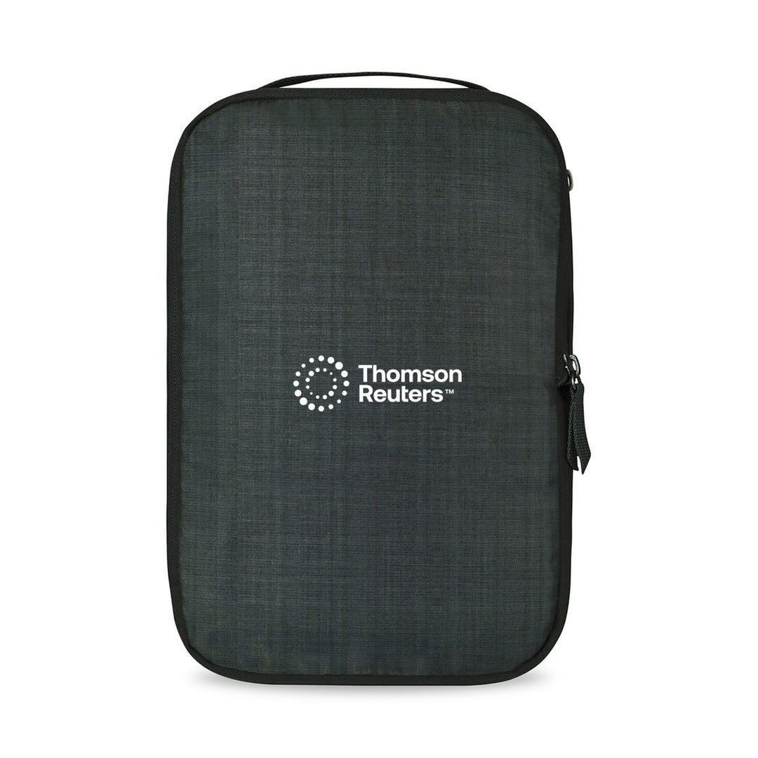 A dark gray textured zippered travel pouch with a top handle and a white Thomson Reuters logo printed on the front, set against a plain white background.