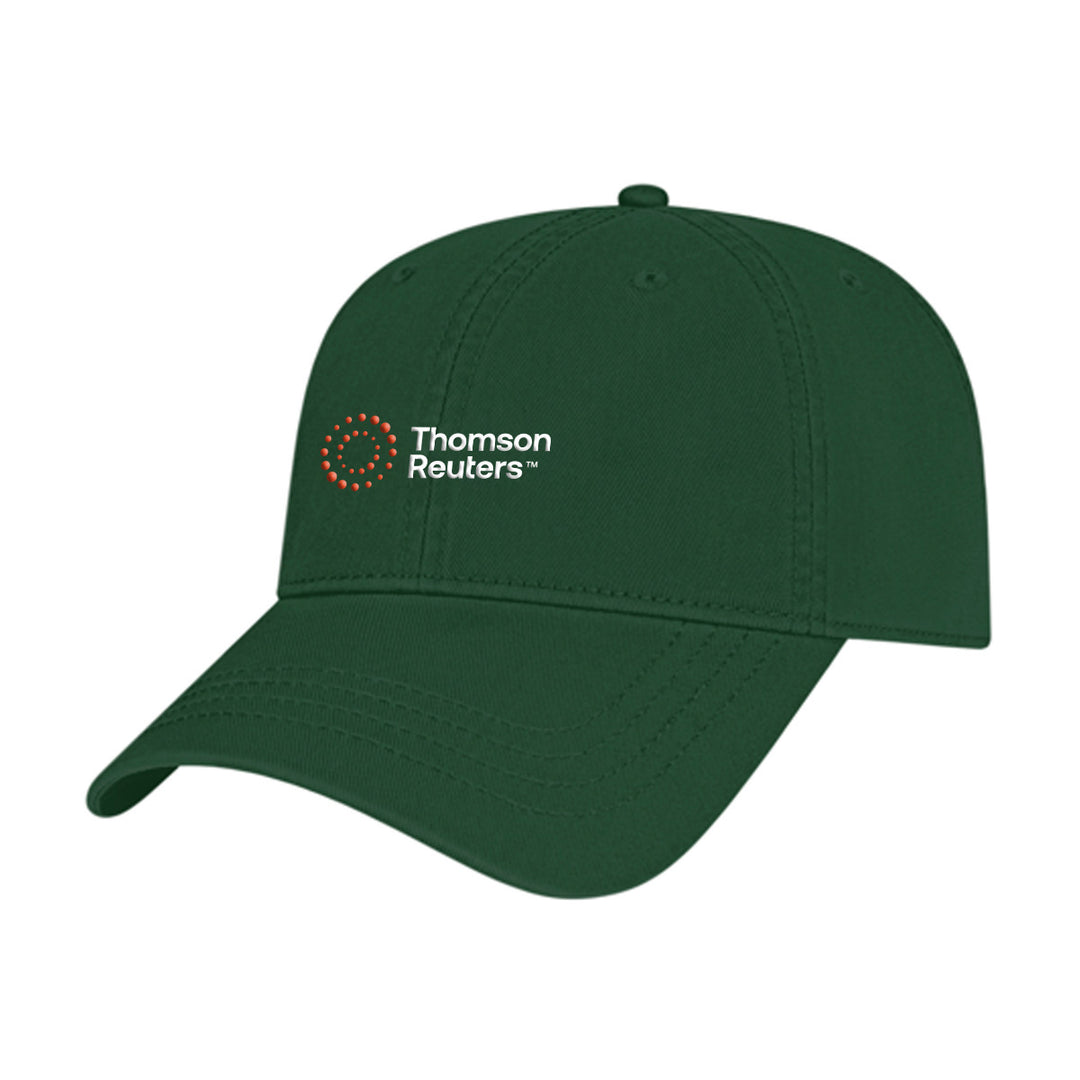 A dark green baseball cap with the Thomson Reuters logo embroidered on the front, set against a plain white background.