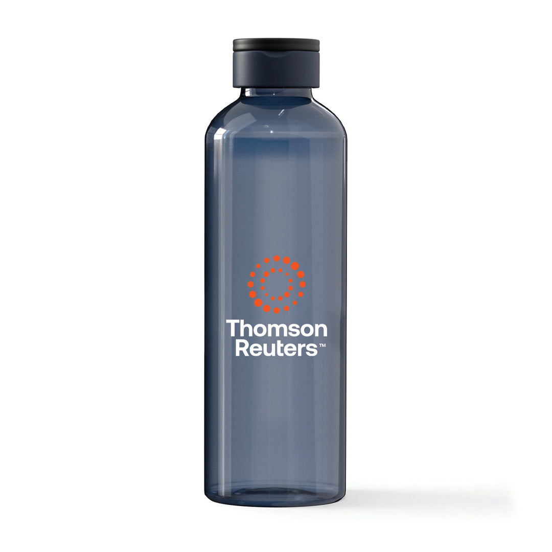 A translucent dark blue water bottle with a black flip-top cap, featuring the Thomson Reuters logo printed in white and orange on the front, set against a plain white background.
