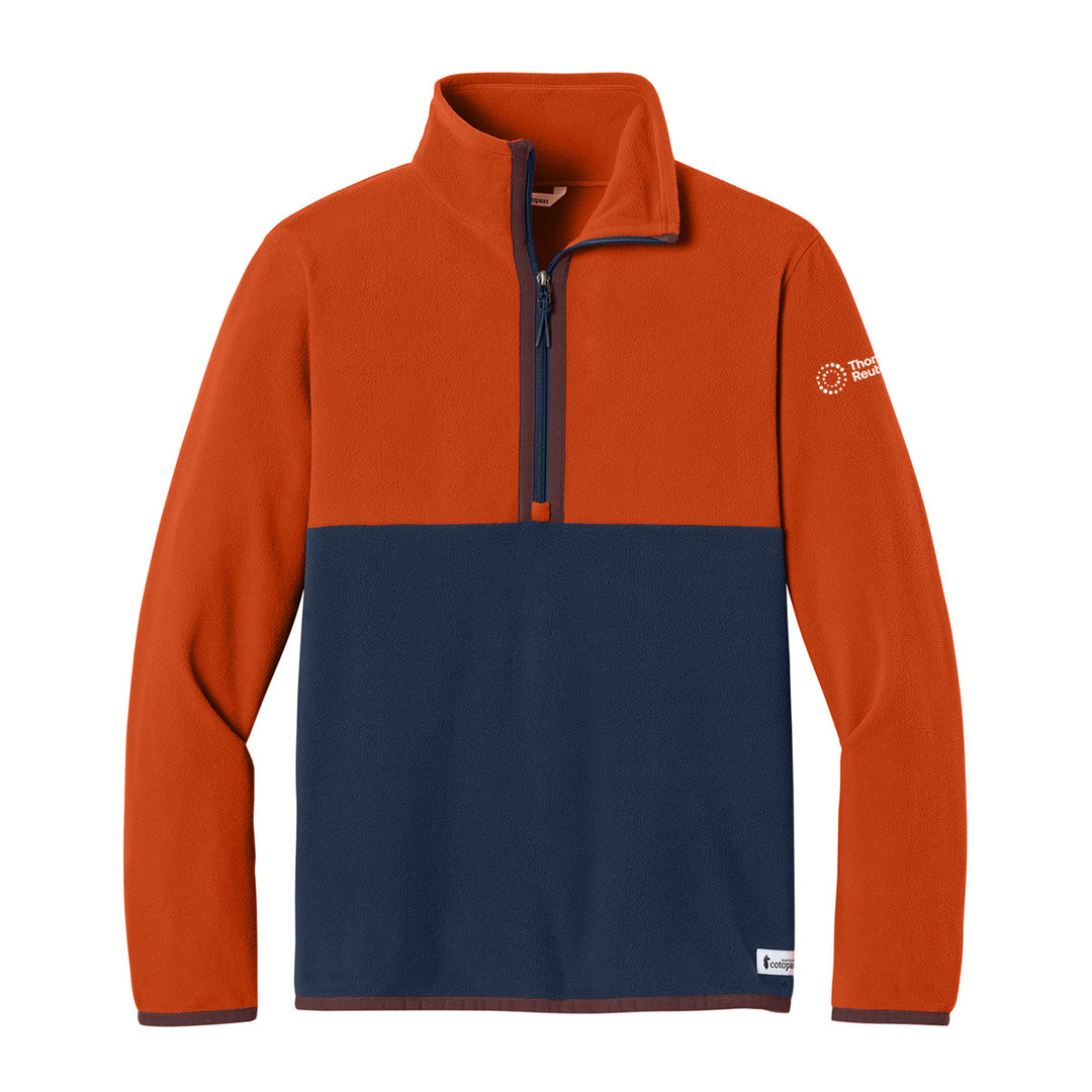 A colorblock quarter-zip fleece pullover sweater by Patagonia, featuring a rust orange upper section and sleeves, a navy blue lower section, and a dark navy zipper and cuffs.