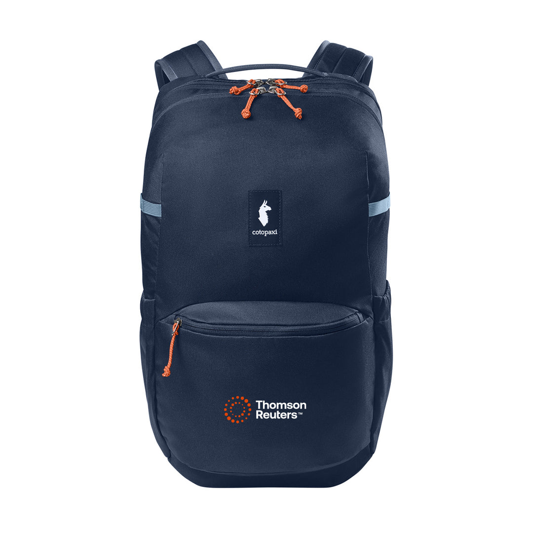 A dark navy blue backpack with orange zipper pulls and a white Thomson Reuters text and orange icon logo on the front pocket, shown against the blue backpack 