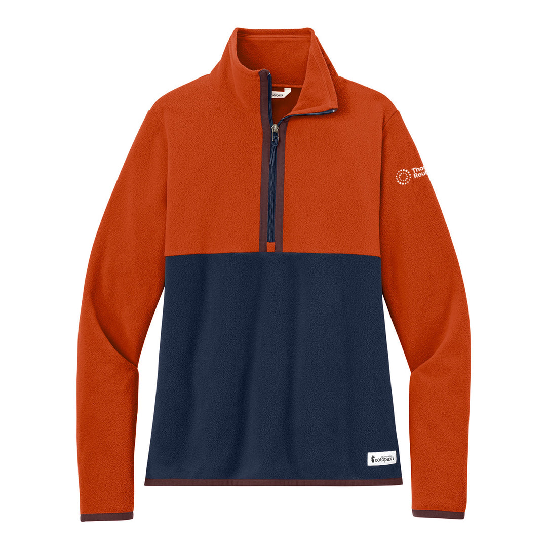 A colorblock quarter-zip fleece pullover with a rust orange upper section and sleeves, and a navy blue lower section, shown on a plain white background.