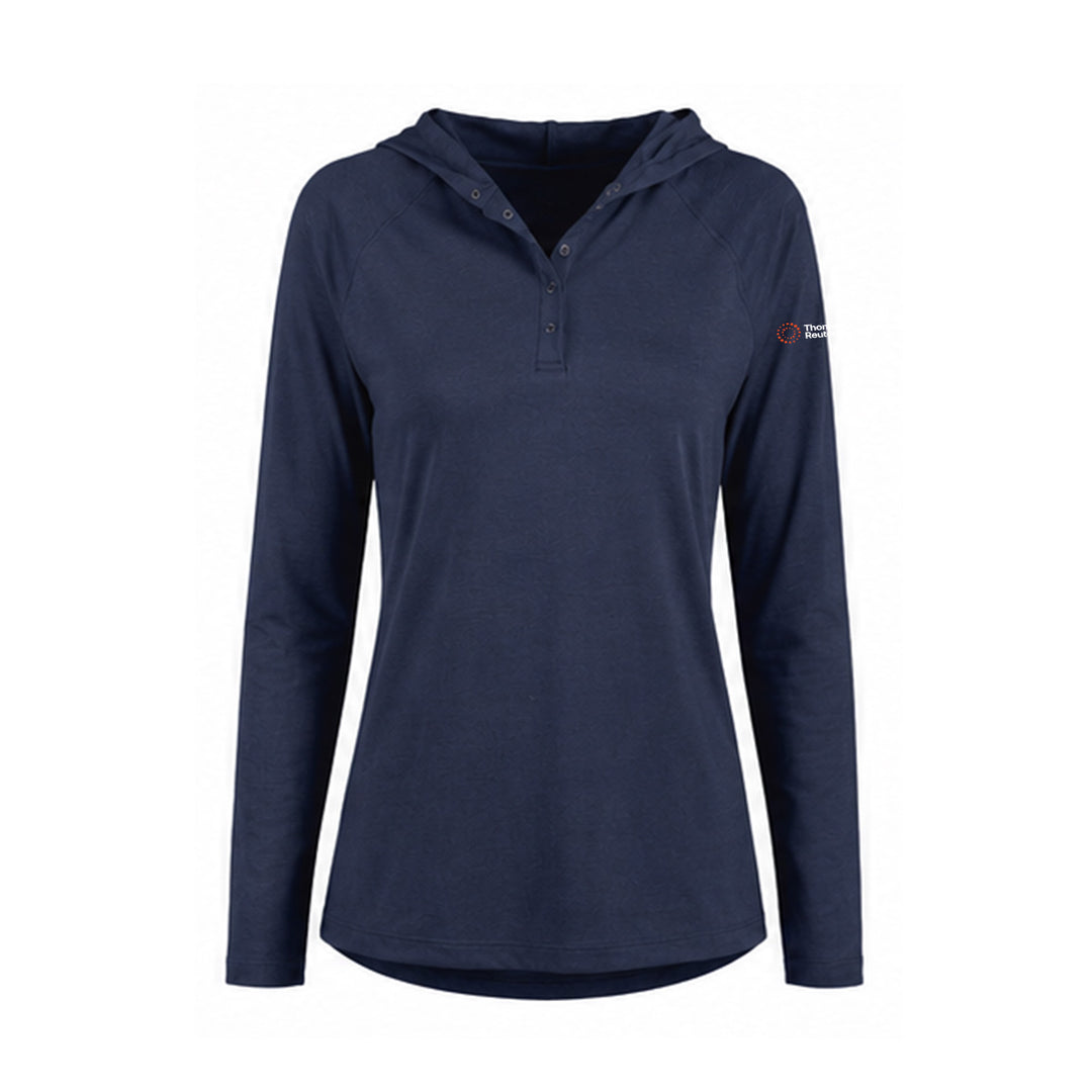 A women's long-sleeve hooded henley shirt in navy blue, featuring a small embroidered logo on the left sleeve, displayed on a clean white background.