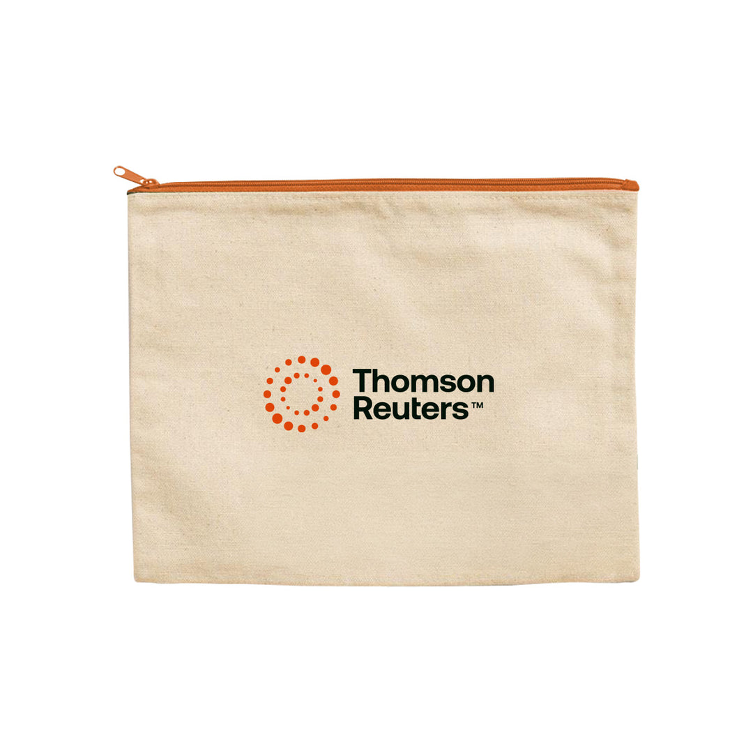 A beige canvas zipper pouch with an orange zipper and the Thomson Reuters logo printed in black and orange on the front, set against a natural background