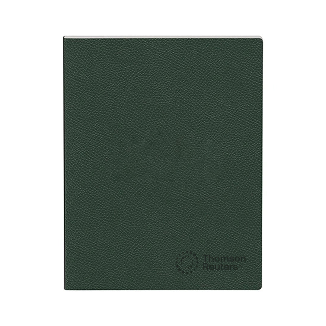 A dark green textured leather-bound notebook with a debossed Thomson Reuters logo in the bottom right corner, shown on a plain white background.