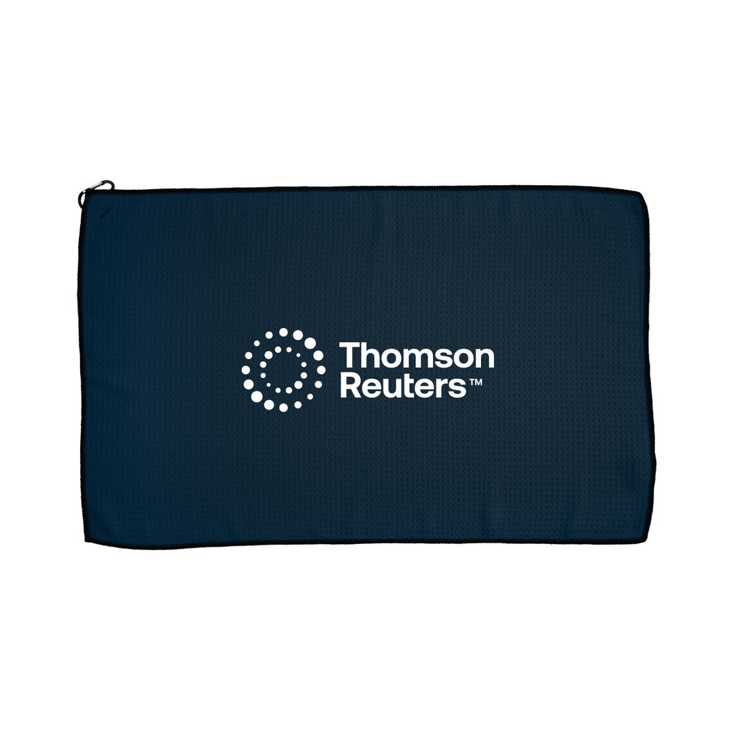 A dark navy blue rectangular towel with a white Thomson Reuters logo printed on the front