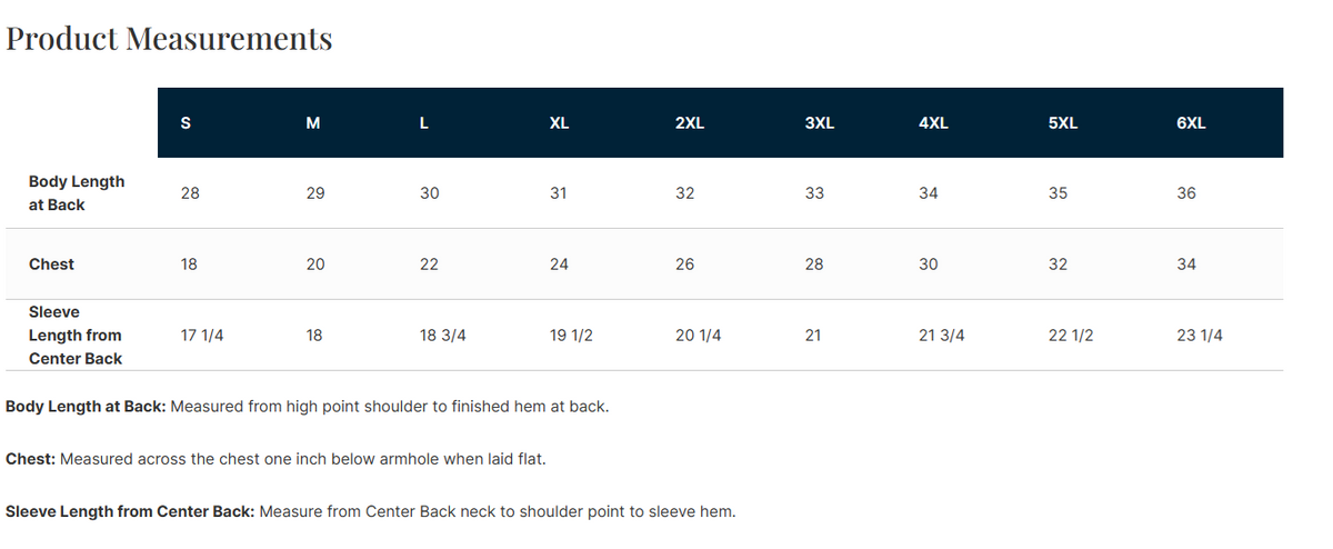 Size chart for Port &amp; Co Fan Favorite Tee
