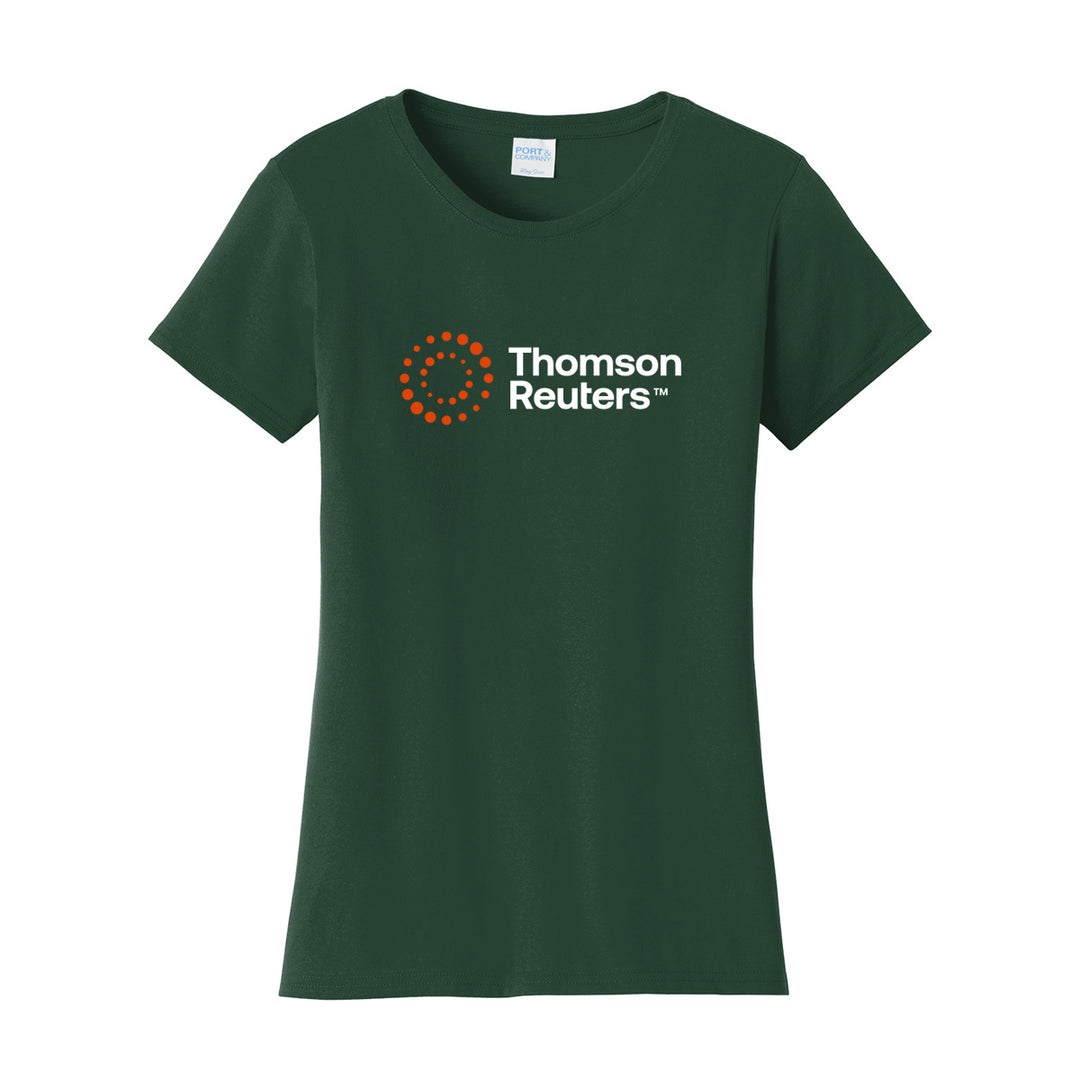 A dark green short-sleeve crewneck t-shirt featuring the Thomson Reuters logo printed in white and orange on the chest, displayed against a solid white background.