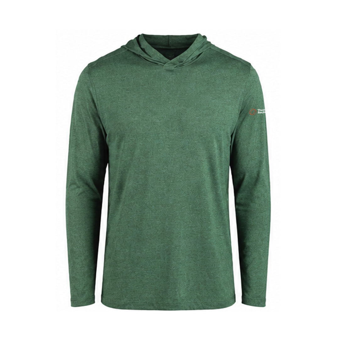 A dark green long-sleeve hooded shirt with a small white and orange logo on the left chest, displayed on a clean white background.
