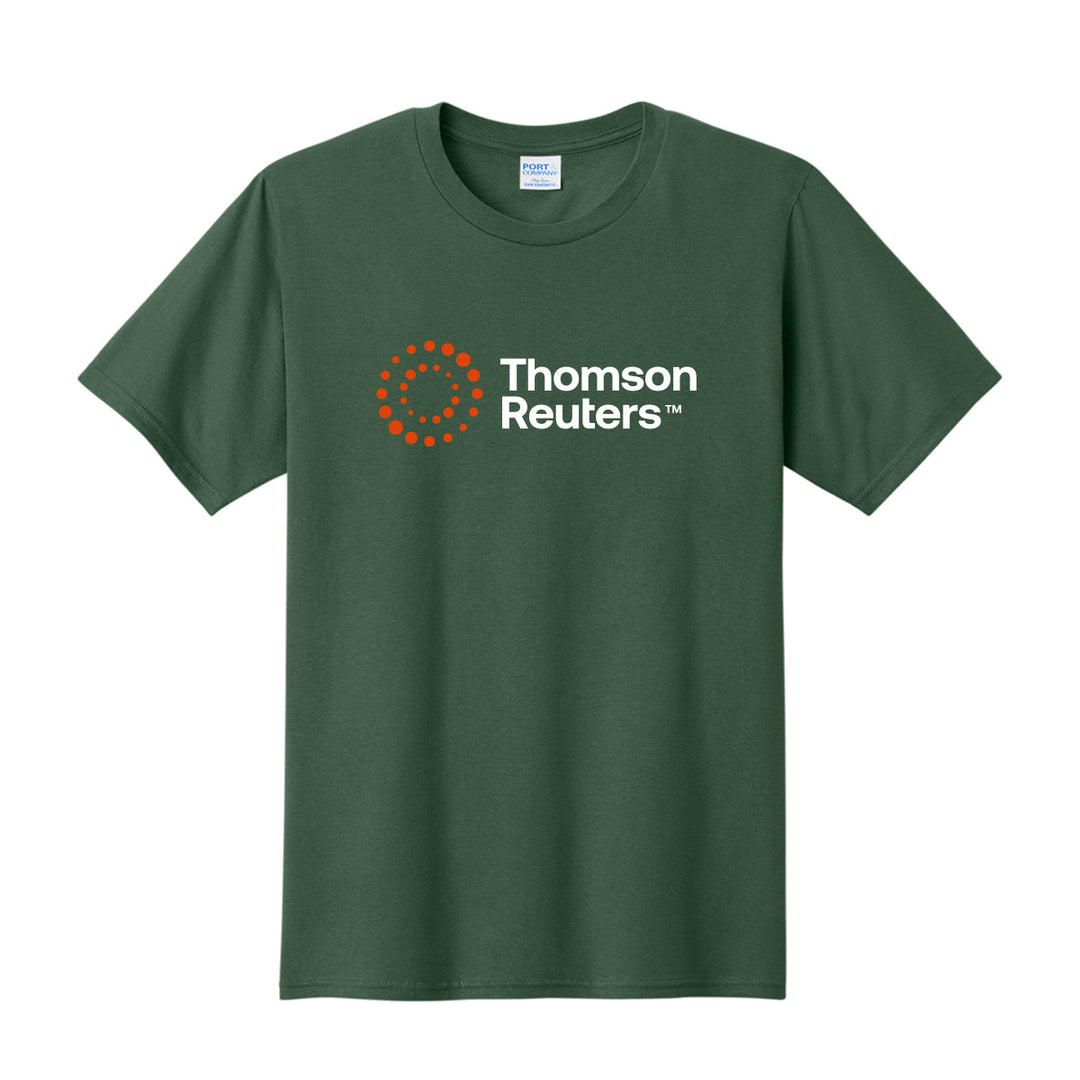 A dark green short-sleeve crewneck t-shirt featuring the Thomson Reuters logo printed on the chest, displayed against a solid white background.