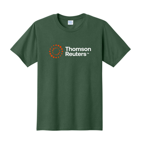 A dark green short-sleeve crewneck t-shirt featuring the Thomson Reuters logo printed on the chest, displayed against a solid white background.
