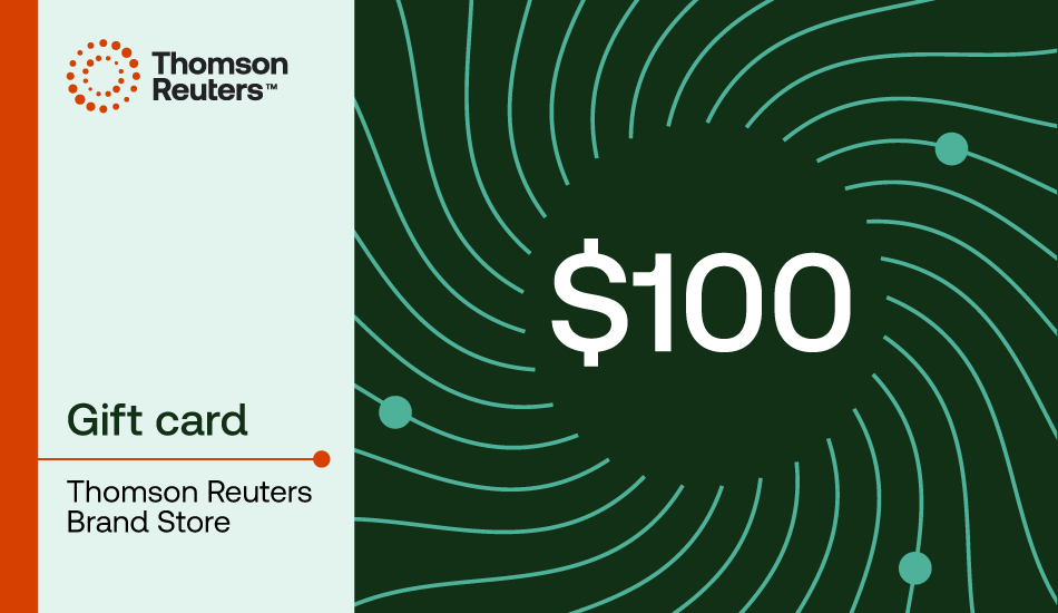 $100 gift card for the Thomson Reuters Brand Store, featuring a dark green background with teal concentric wave lines and a white &
