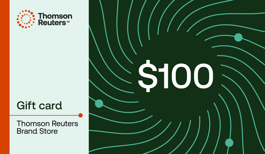 $100 gift card for the Thomson Reuters Brand Store, featuring a dark green background with teal concentric wave lines and a white &