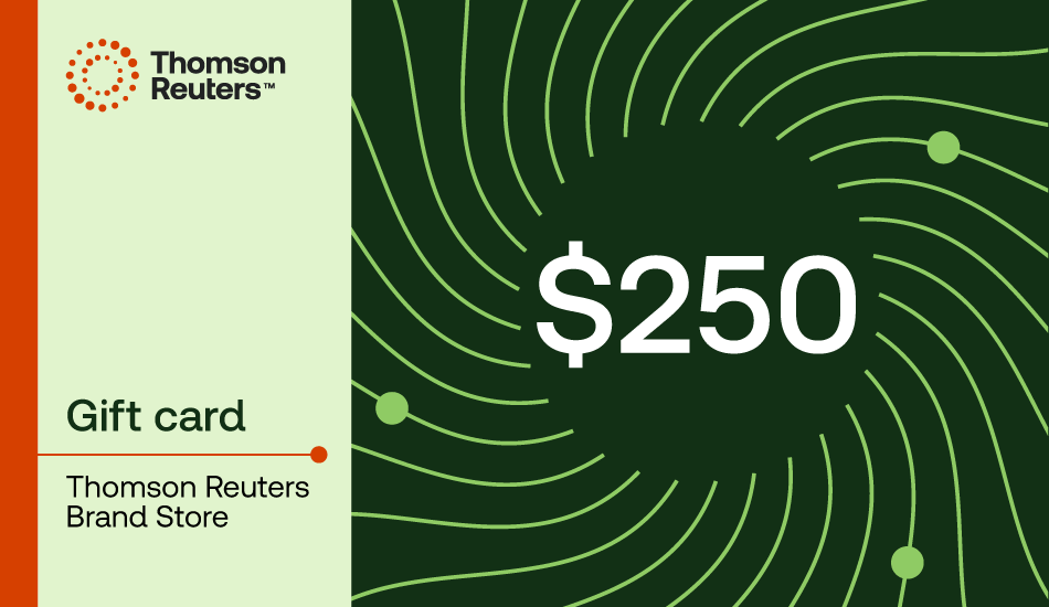 A $250 gift card for the Thomson Reuters Brand Store, featuring a light green and dark green design with a white circular swirl pattern and the Thomson Reuters logo on the left.