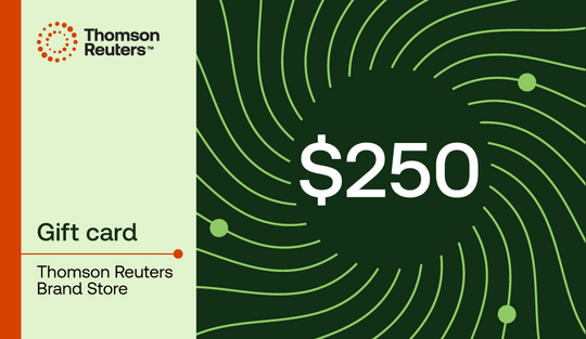 A $250 gift card for the Thomson Reuters Brand Store, featuring a light green and dark green design with a white circular swirl pattern and the Thomson Reuters logo on the left.