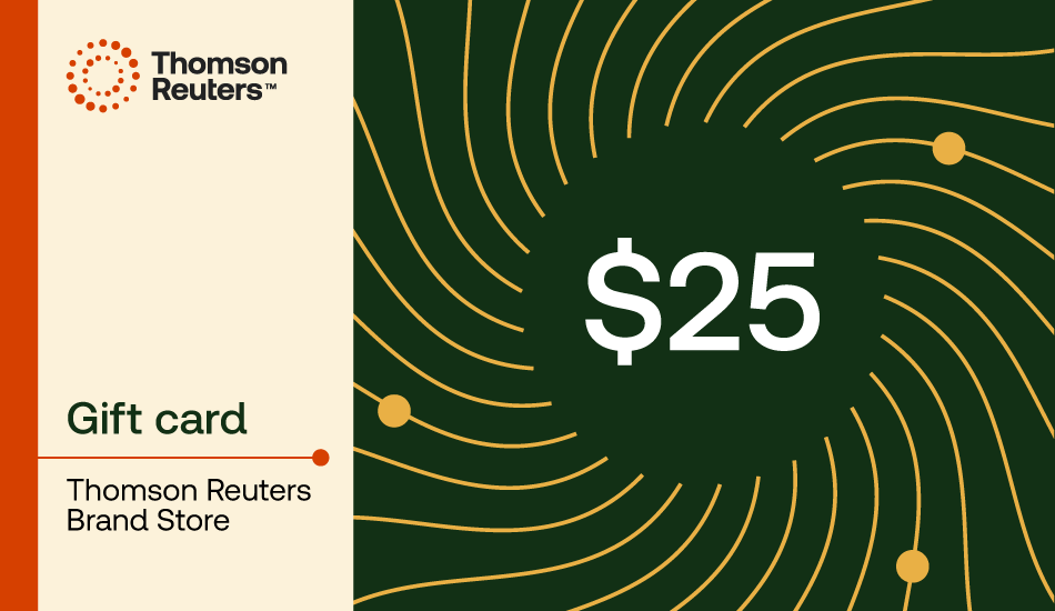 $25 gift card for the Thomson Reuters Brand Store, featuring a dark green background with gold abstract curved lines and a cream-colored left panel with the Thomson Reuters logo and text.