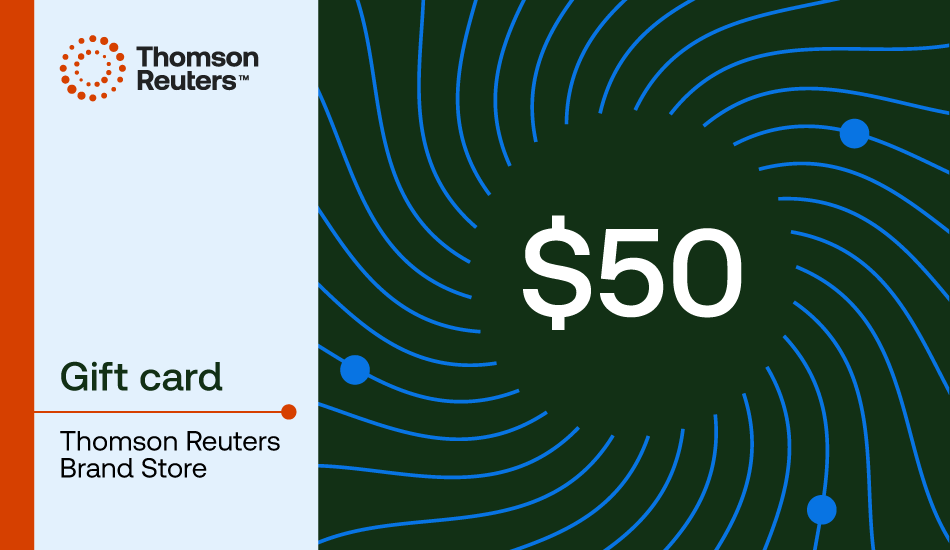 $50 gift card for the Thomson Reuters Brand Store, featuring a dark green background with blue concentric line patterns and a light blue panel on the left with the Thomson Reuters logo and text.