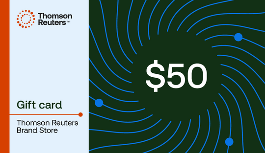 $50 gift card for the Thomson Reuters Brand Store, featuring a dark green background with blue concentric line patterns and a light blue panel on the left with the Thomson Reuters logo and text.
