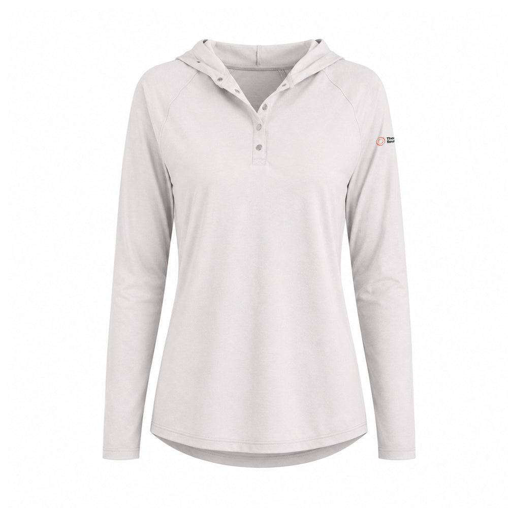 A light gray hooded long-sleeve henley shirt with a small logo on the left sleeve, displayed on a clean white background.