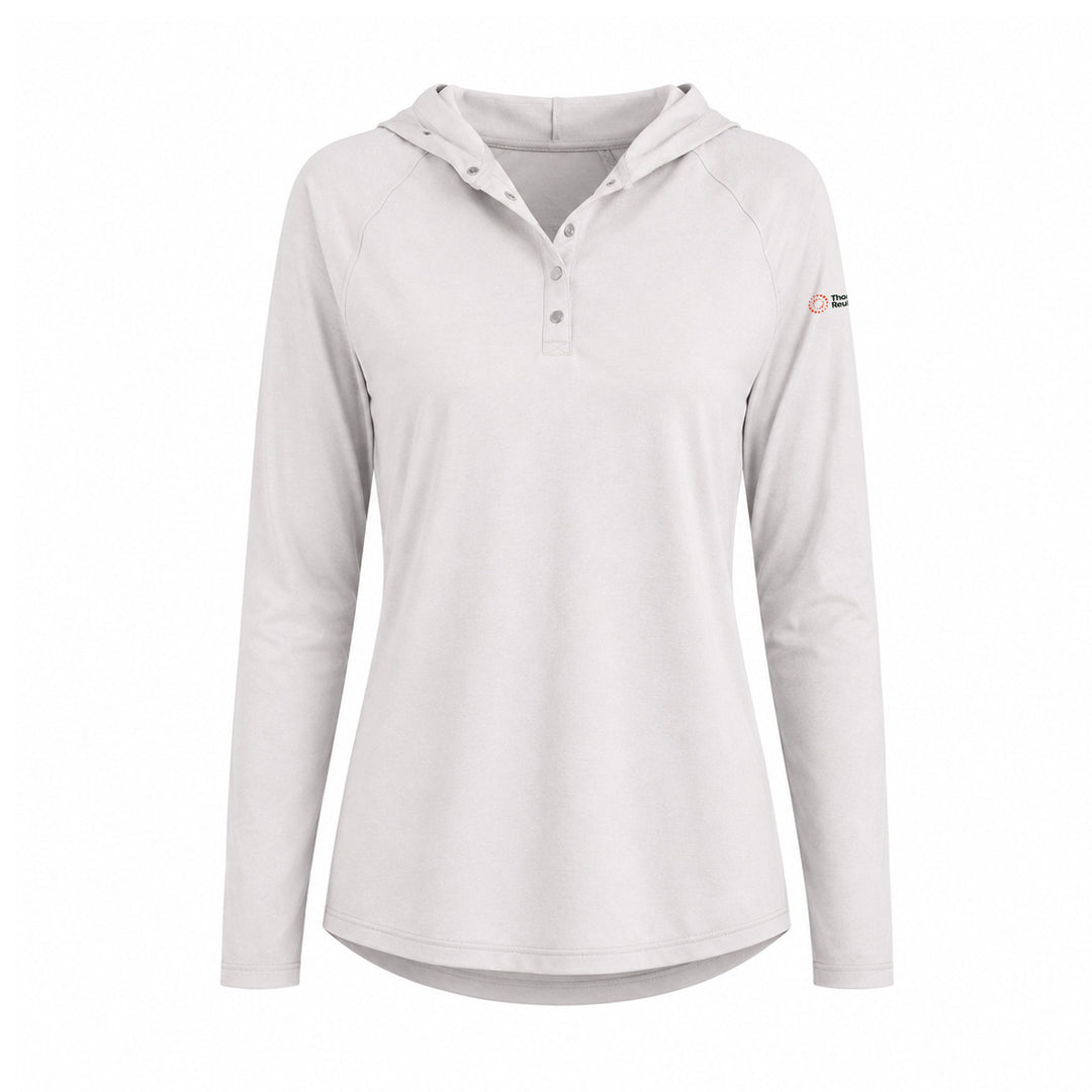 A light gray hooded long-sleeve henley shirt with a small logo on the left sleeve, displayed on a clean white background.
