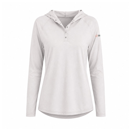 A light gray hooded long-sleeve henley shirt with a small logo on the left sleeve, displayed on a clean white background.