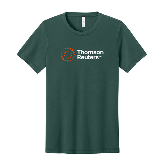 A dark green short-sleeve crewneck t-shirt featuring the Thomson Reuters logo printed in white and orange on the center chest, displayed against a solid white background.