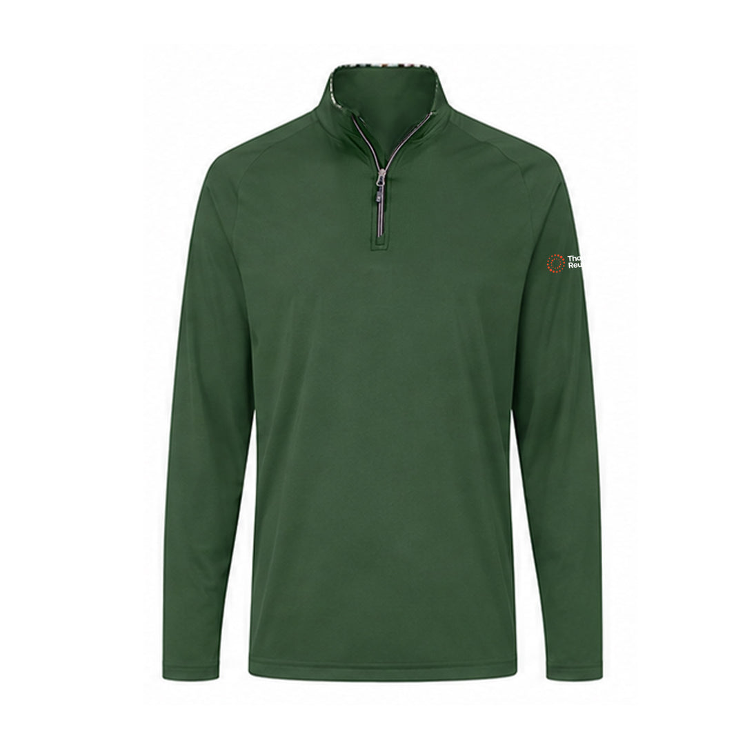 A green long-sleeve quarter-zip pullover with a stand-up collar and a small Thomson Reuters logo on the left sleeve, shown against a plain white background.