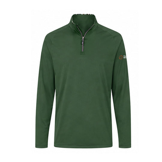 A green long-sleeve quarter-zip pullover with a stand-up collar and a small Thomson Reuters logo on the left sleeve, shown against a plain white background.