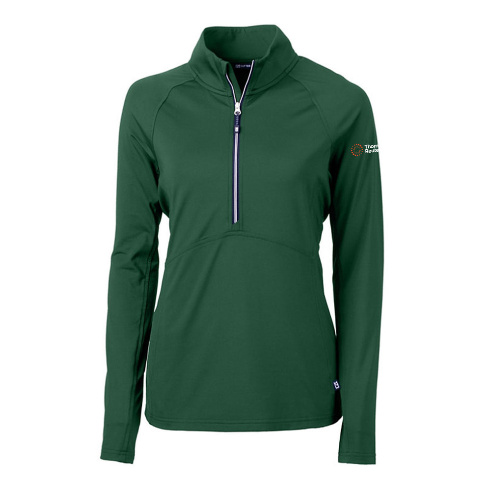 A dark green long-sleeve quarter-zip athletic pullover jacket with a mock neck collar, Thomson Reuters logo on the left sleeve. shown on a plain white background.