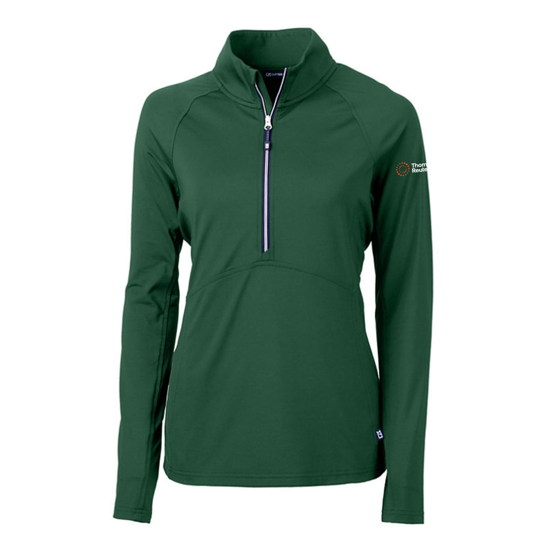 A dark green long-sleeve quarter-zip athletic pullover jacket with a mock neck collar, Thomson Reuters logo on the left sleeve. shown on a plain white background.