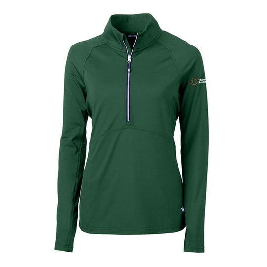 A dark green long-sleeve quarter-zip athletic pullover jacket with a mock neck collar, Thomson Reuters logo on the left sleeve. shown on a plain white background.