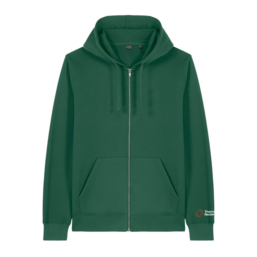 A dark green full-zip hoodie with a drawstring hood, kangaroo pockets, and a small white logo patch on the left sleeve cuff, shown against a plain white background.