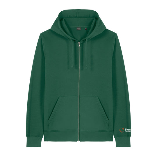 A dark green full-zip hoodie with a drawstring hood, kangaroo pockets, and a small white logo patch on the left sleeve cuff, shown against a plain white background.