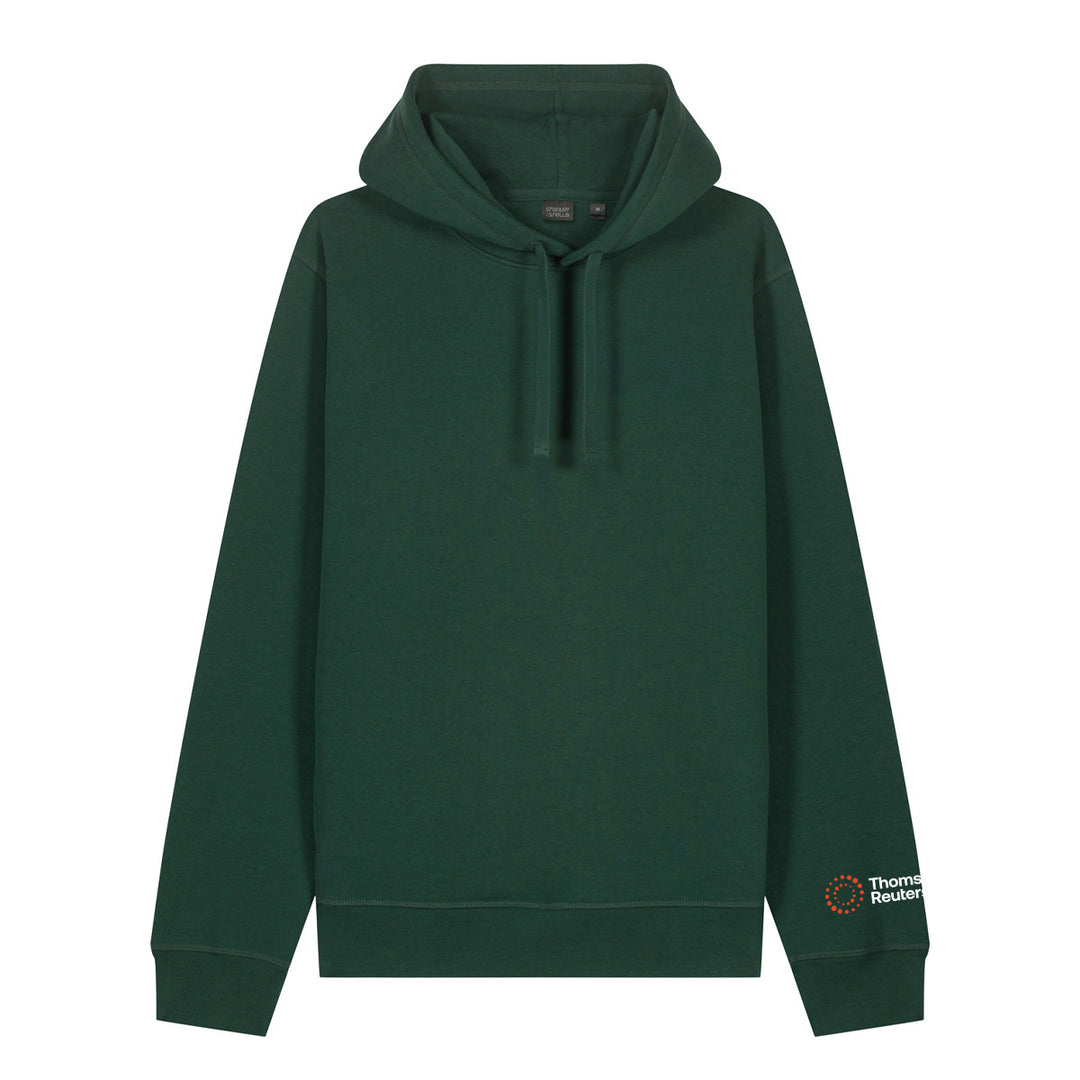 A dark green pullover hoodie with drawstrings, shown flat against a plain white background. A small circular logo for 'Thurm Medical' is printed on the left sleeve cuff.