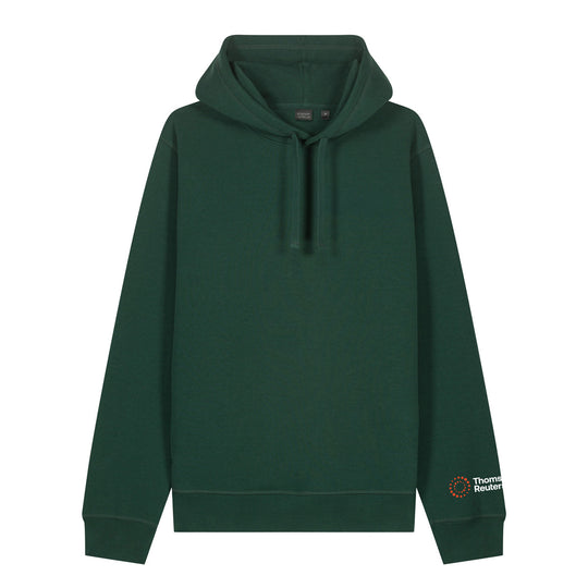 A dark green pullover hoodie with drawstrings, shown flat against a plain white background. A small circular logo for &