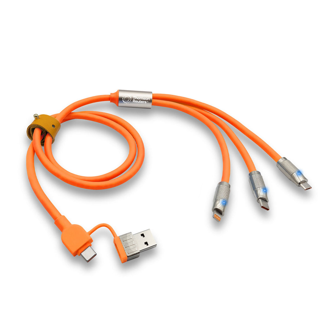An orange multi-device charging cable with silver metal connectors, featuring a Thomson Reuters logo on the center connector, set against a plain white background.