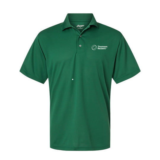 A green short-sleeve polo shirt with a white embroidered logo on the left chest reading &