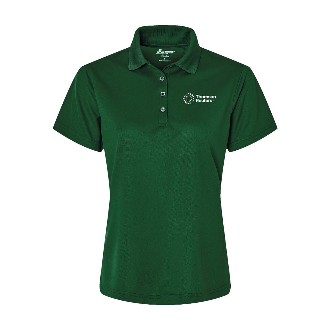 A dark green short-sleeve polo shirt with a three-button placket and white embroidered logos on the left chest and inside the collar, shown on a plain white background.