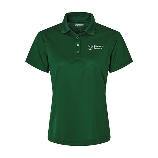 A dark green short-sleeve polo shirt with a three-button placket and white embroidered logos on the left chest and inside the collar, shown on a plain white background.