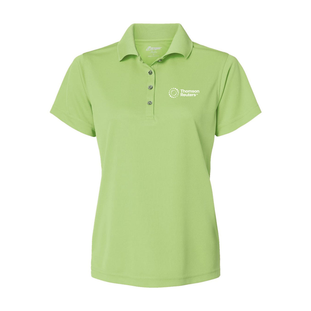 A light green short-sleeve polo shirt with a three-button placket and a white printed logo on the left chest, displayed on a clean white background.