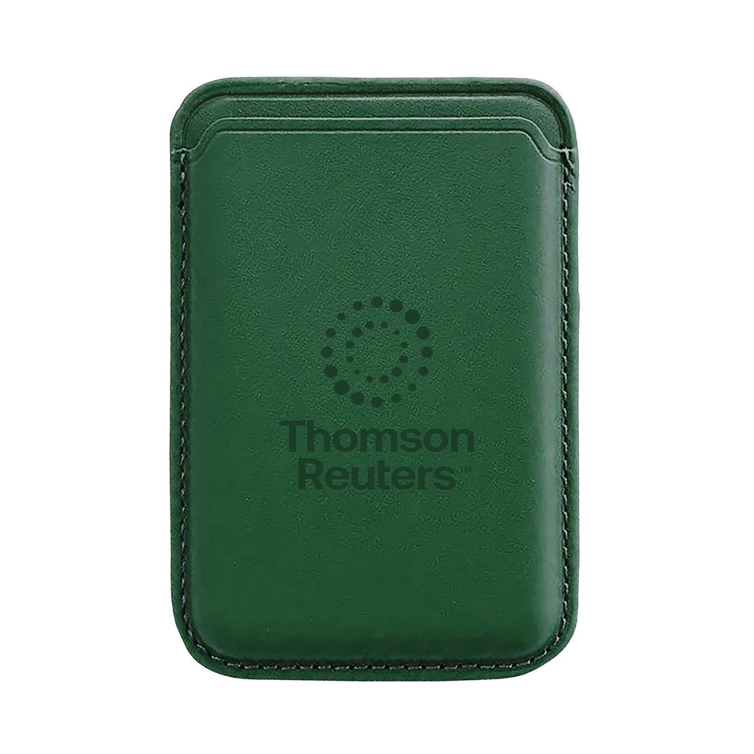A dark green leather card holder or wallet with visible stitching and the Thomson Reuters logo printed in the center, shown on a plain white background.