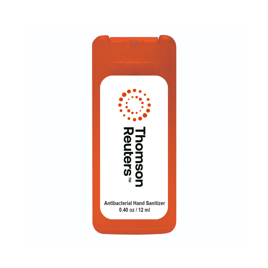 Thomson Reuters antibacterial hand sanitizer in an orange plastic dispenser bottle with a white label.