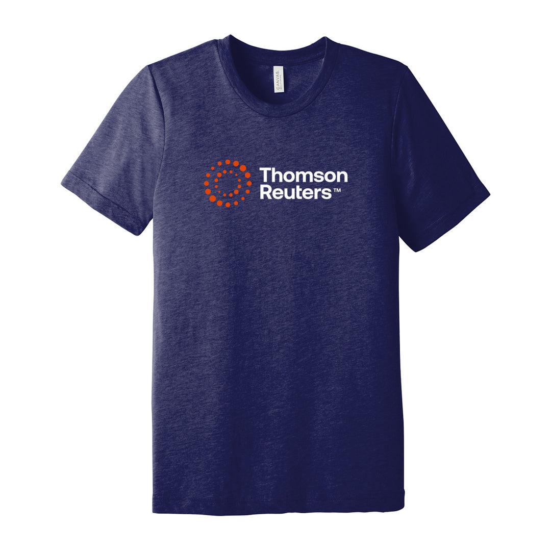 A navy blue heathered short-sleeve t-shirt with the Thomson Reuters logo printed on the chest, displayed against a solid white background.
