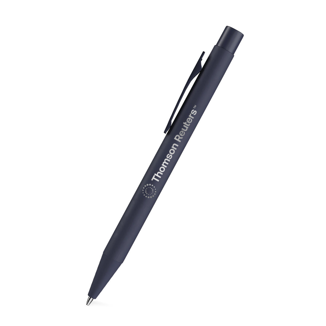A navy retractable pen with a silver clip and tip, featuring the 'Thomson Reuters' logo printed in gray on the barrel, set against a solid white background.